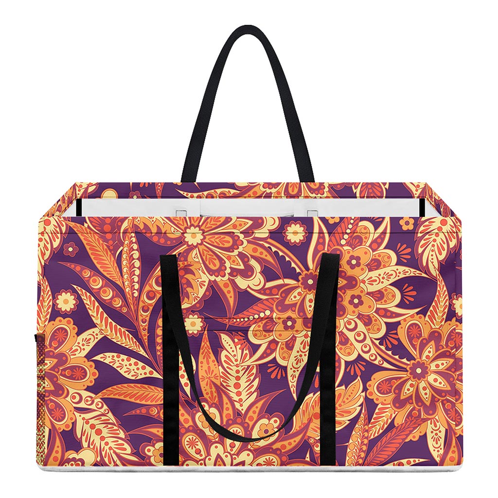 Orange Bohemian Floral Pattern Print Utility Tote Bag