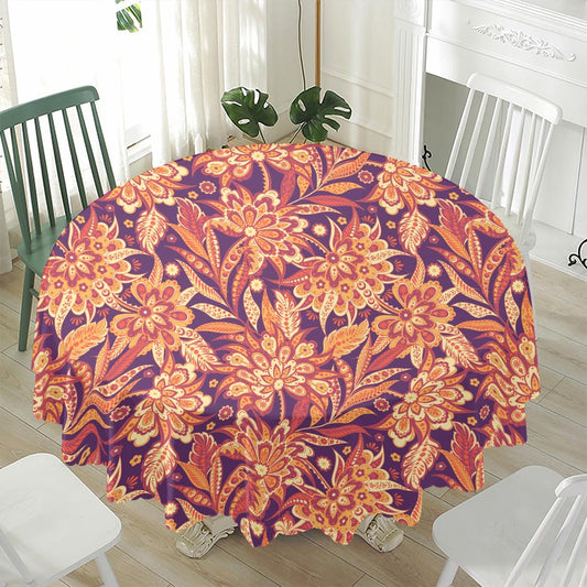 Orange Bohemian Floral Pattern Print Waterproof Round Tablecloth