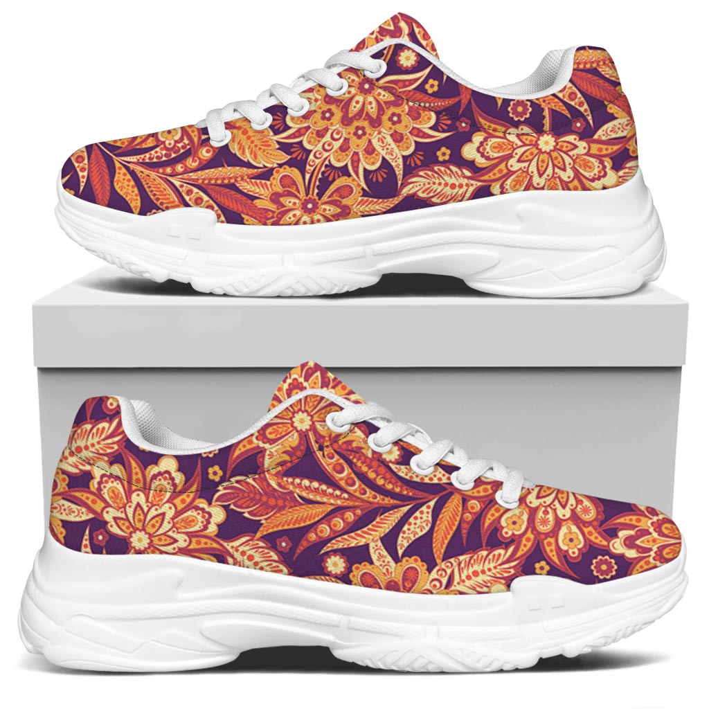 Orange Bohemian Floral Pattern Print White Chunky Shoes