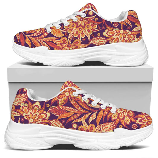 Orange Bohemian Floral Pattern Print White Chunky Shoes
