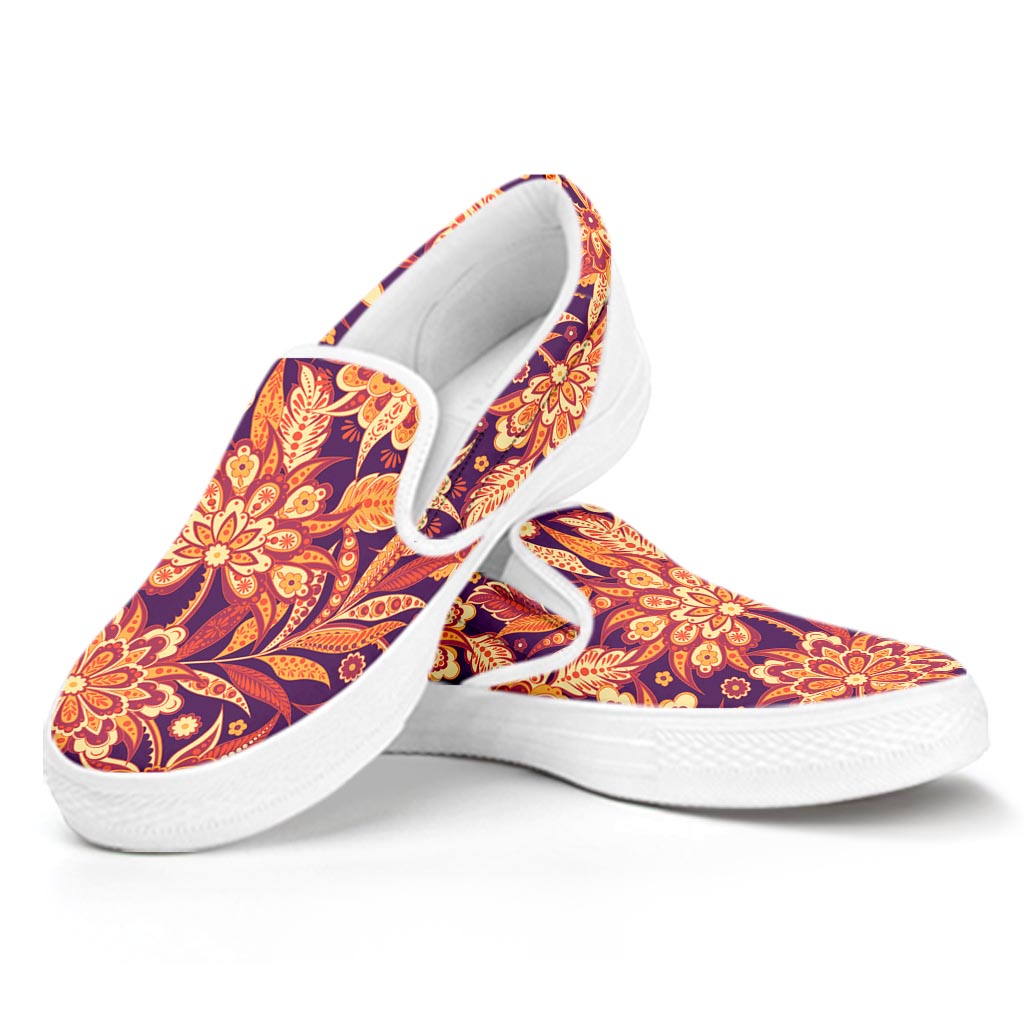 Orange Bohemian Floral Pattern Print White Slip On Sneakers