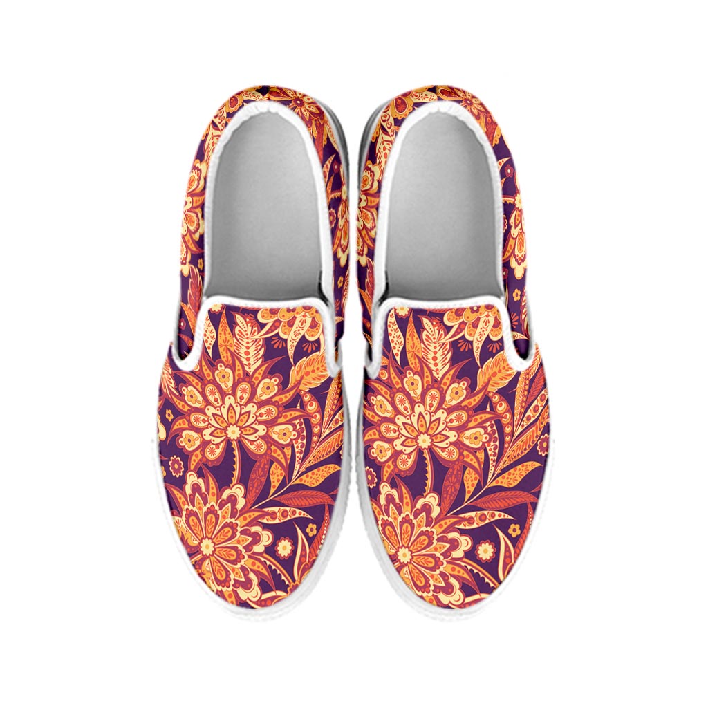 Orange Bohemian Floral Pattern Print White Slip On Sneakers