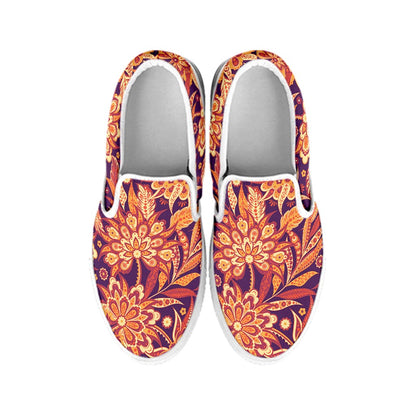 Orange Bohemian Floral Pattern Print White Slip On Sneakers