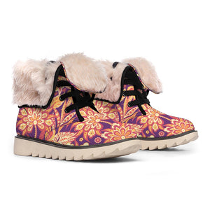 Orange Bohemian Floral Pattern Print Winter Boots