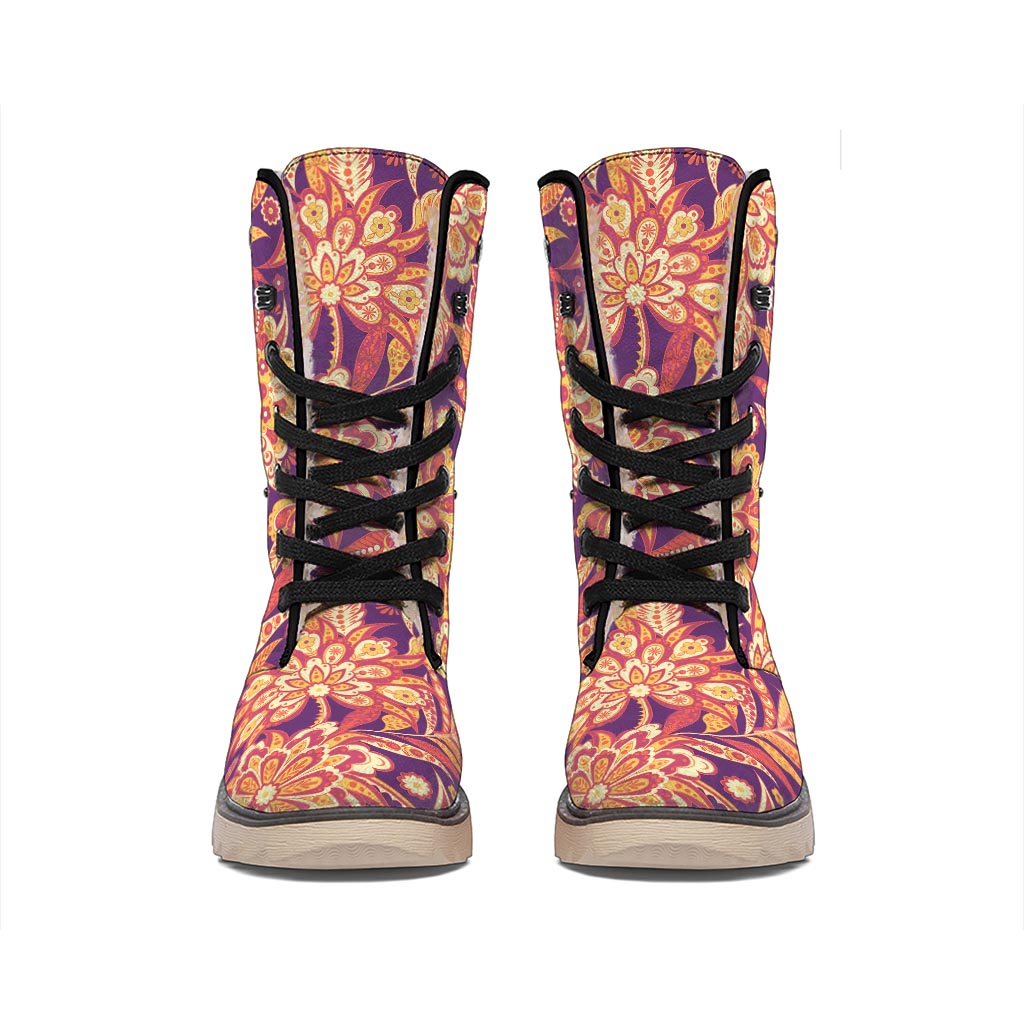 Orange Bohemian Floral Pattern Print Winter Boots