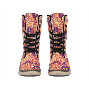 Orange Bohemian Floral Pattern Print Winter Boots