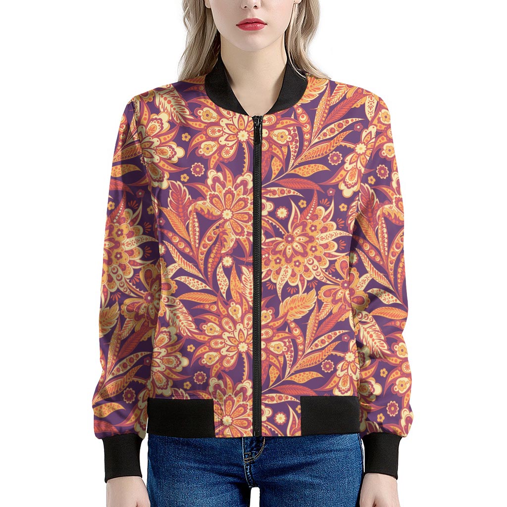 Orange Bohemian Floral Pattern Print Women's Bomber Jacket