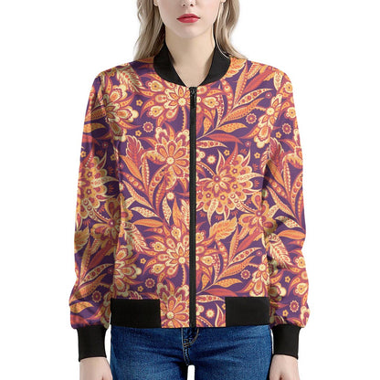 Orange Bohemian Floral Pattern Print Women's Bomber Jacket