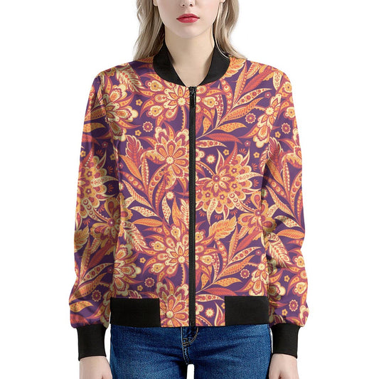 Orange Bohemian Floral Pattern Print Women's Bomber Jacket