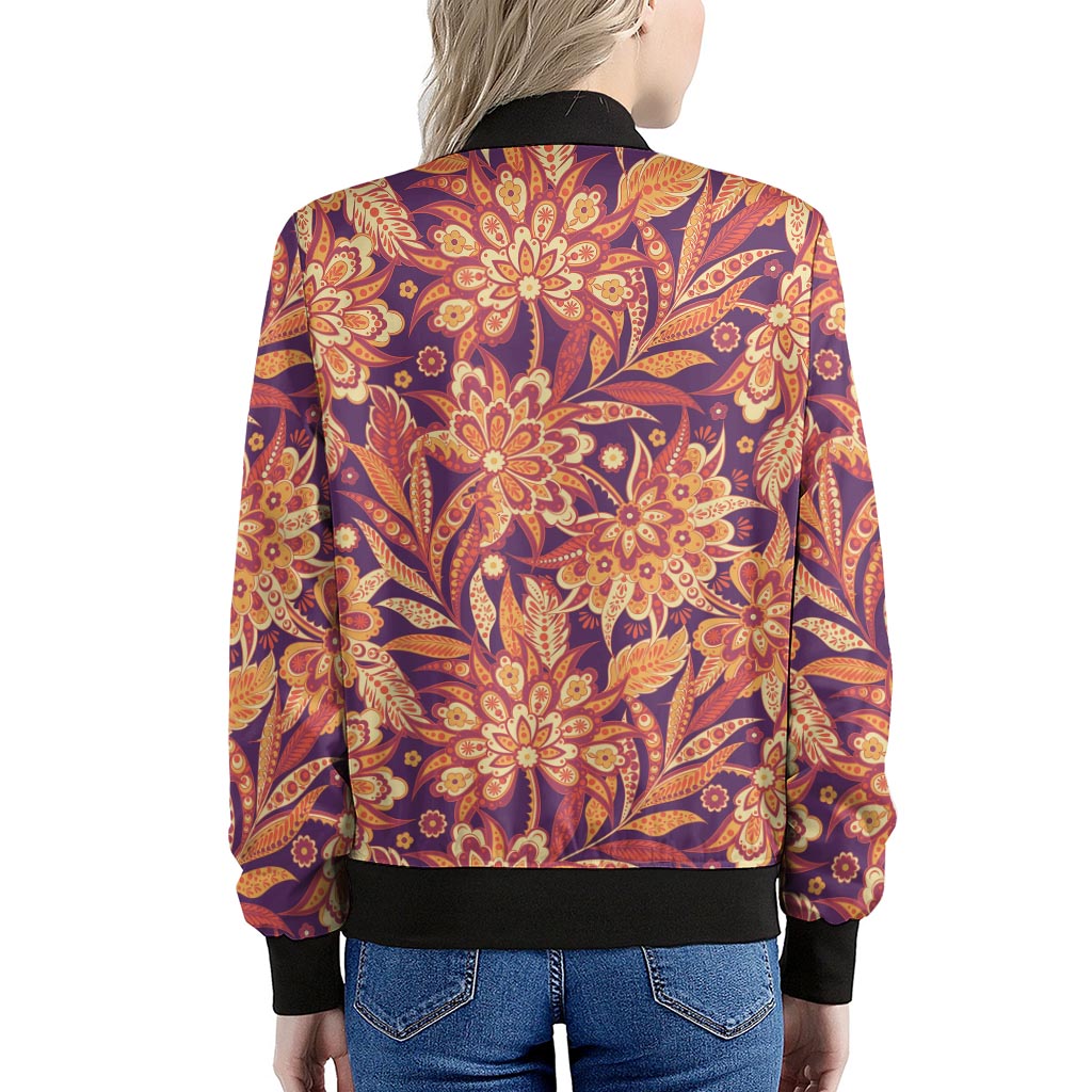 Orange Bohemian Floral Pattern Print Women's Bomber Jacket