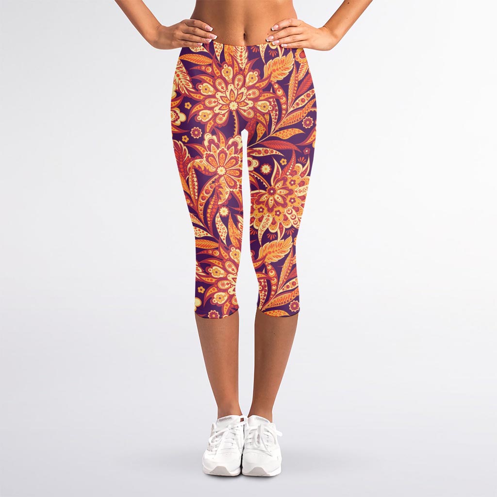 Orange Bohemian Floral Pattern Print Women's Capri Leggings