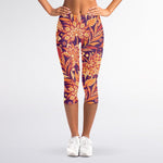 Orange Bohemian Floral Pattern Print Women's Capri Leggings
