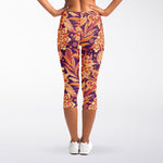 Orange Bohemian Floral Pattern Print Women's Capri Leggings