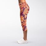 Orange Bohemian Floral Pattern Print Women's Capri Leggings