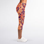 Orange Bohemian Floral Pattern Print Women's Capri Leggings