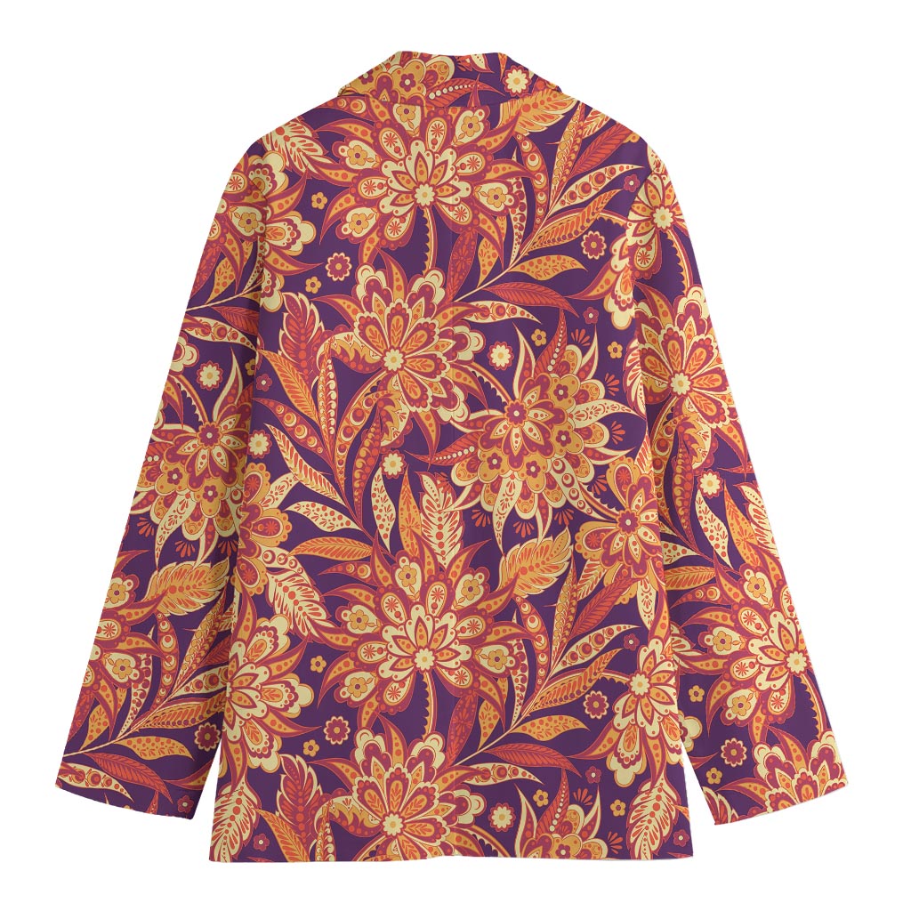 Orange Bohemian Floral Pattern Print Women's Cotton Blazer