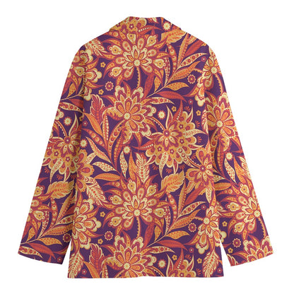 Orange Bohemian Floral Pattern Print Women's Cotton Blazer