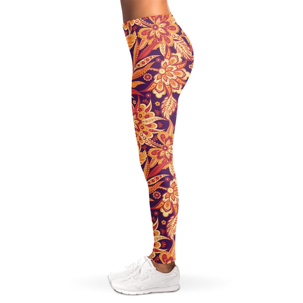 Orange Bohemian Floral Pattern Print Women's Leggings