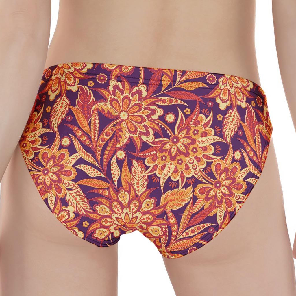 Orange Bohemian Floral Pattern Print Women's Panties