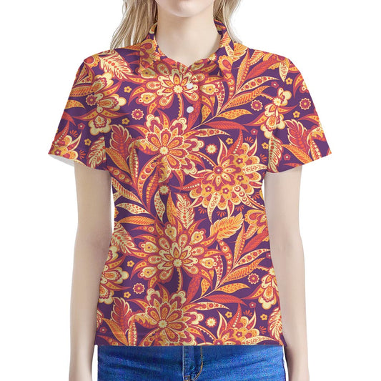 Orange Bohemian Floral Pattern Print Women's Polo Shirt