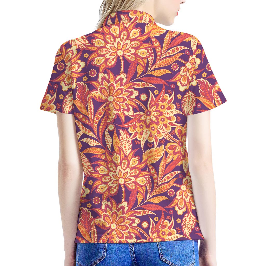 Orange Bohemian Floral Pattern Print Women's Polo Shirt