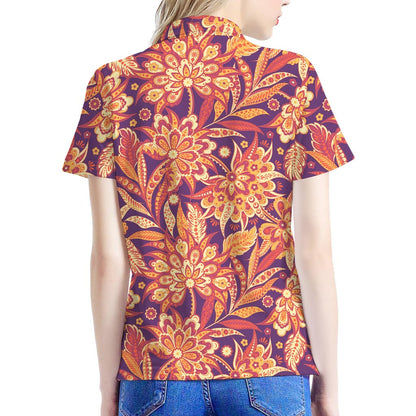 Orange Bohemian Floral Pattern Print Women's Polo Shirt