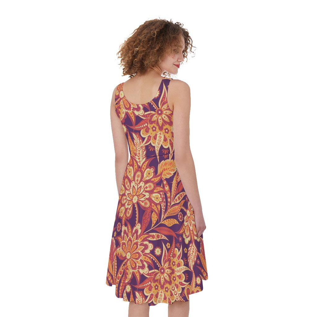 Orange Bohemian Floral Pattern Print Women's Sleeveless Dress
