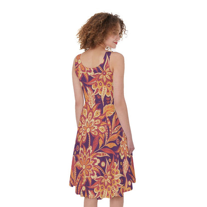 Orange Bohemian Floral Pattern Print Women's Sleeveless Dress
