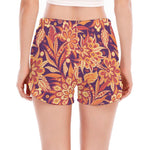 Orange Bohemian Floral Pattern Print Women's Split Running Shorts