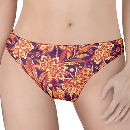 Orange Bohemian Floral Pattern Print Women's Thong