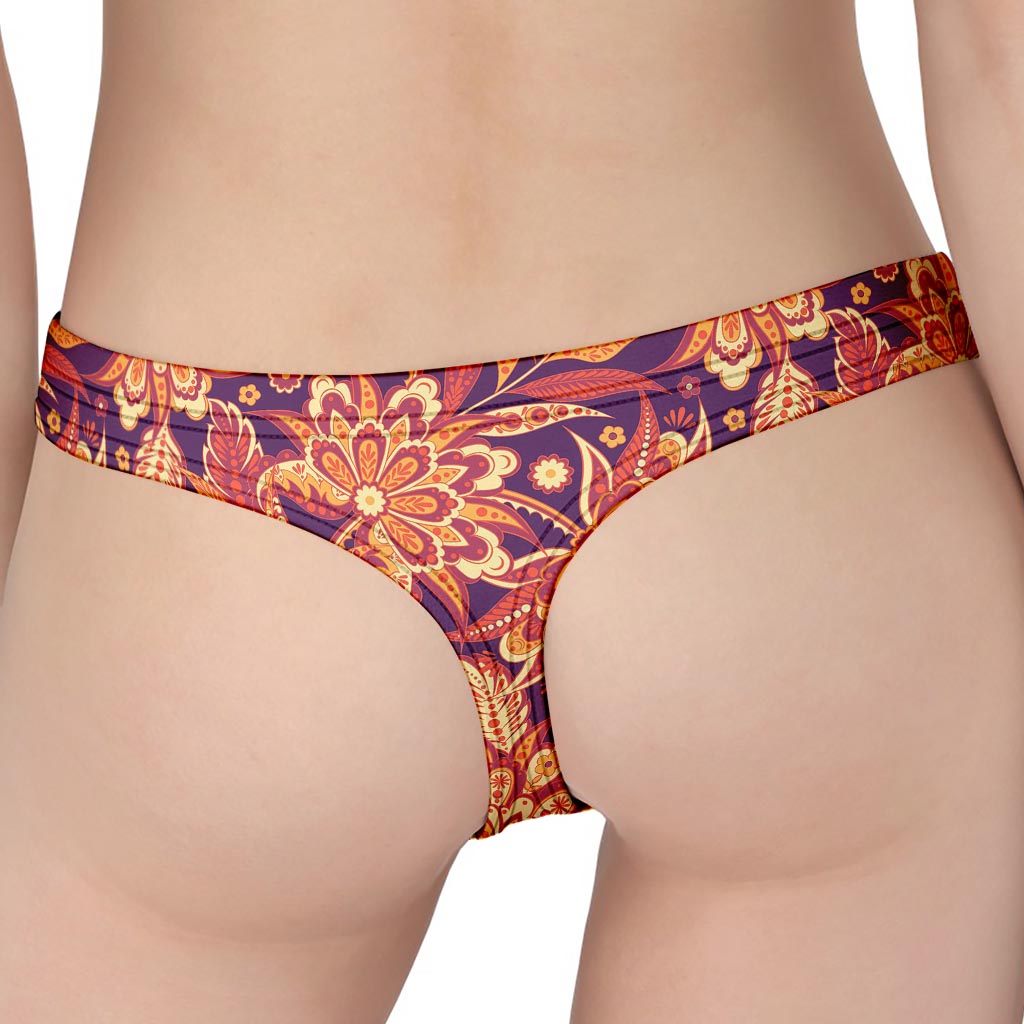 Orange Bohemian Floral Pattern Print Women's Thong