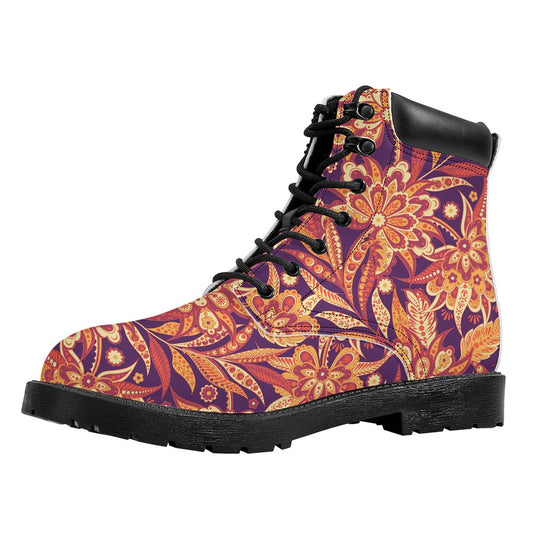 Orange Bohemian Floral Pattern Print Work Boots