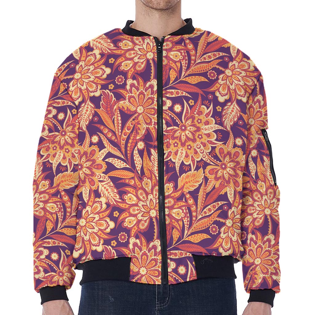 Orange Bohemian Floral Pattern Print Zip Sleeve Bomber Jacket