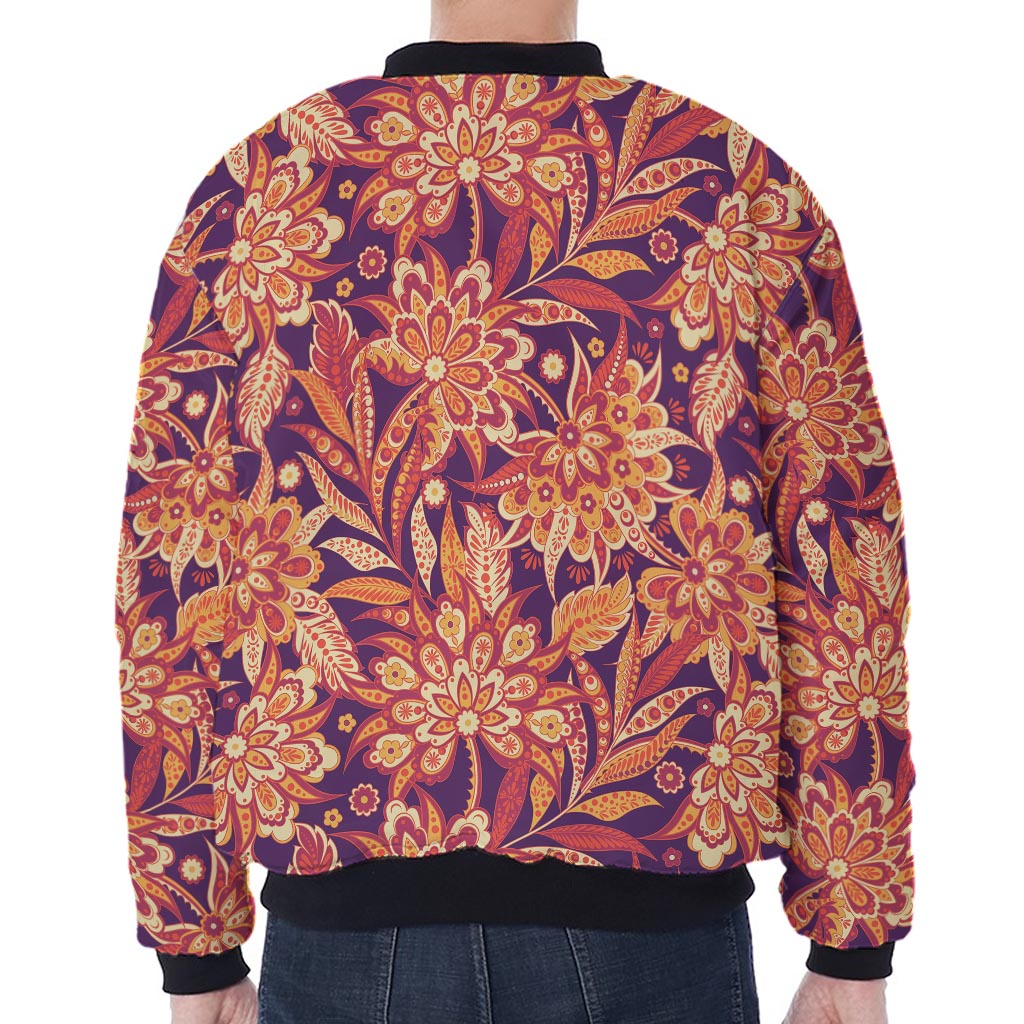 Orange Bohemian Floral Pattern Print Zip Sleeve Bomber Jacket