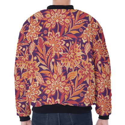 Orange Bohemian Floral Pattern Print Zip Sleeve Bomber Jacket
