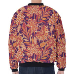 Orange Bohemian Floral Pattern Print Zip Sleeve Bomber Jacket