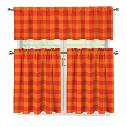 Orange Buffalo Check Pattern Print 3 Piece Kitchen Curtains