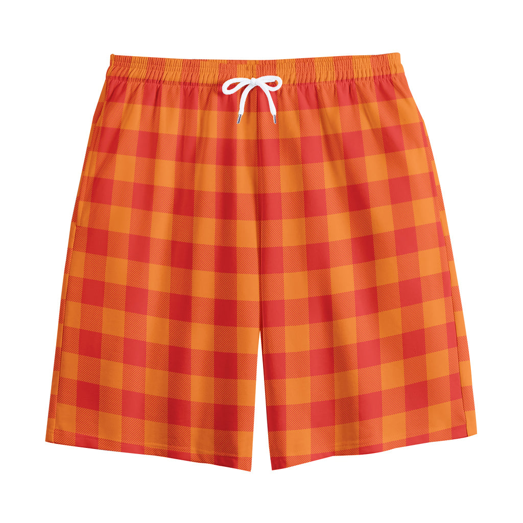 Orange Buffalo Check Pattern Print Cotton Shorts