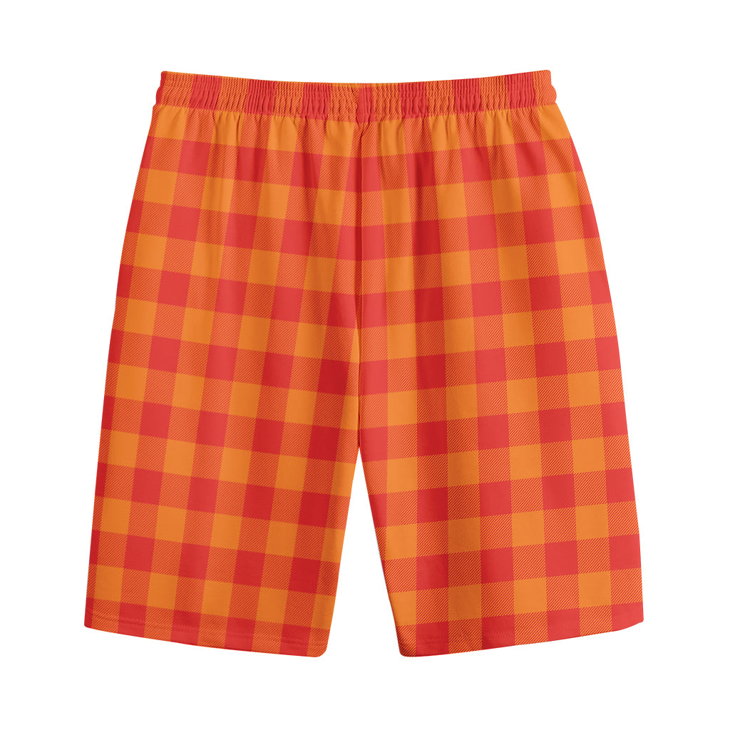 Orange Buffalo Check Pattern Print Cotton Shorts