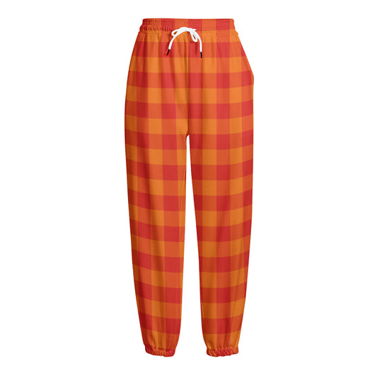 Orange Buffalo Check Pattern Print Fleece Lined Knit Pants