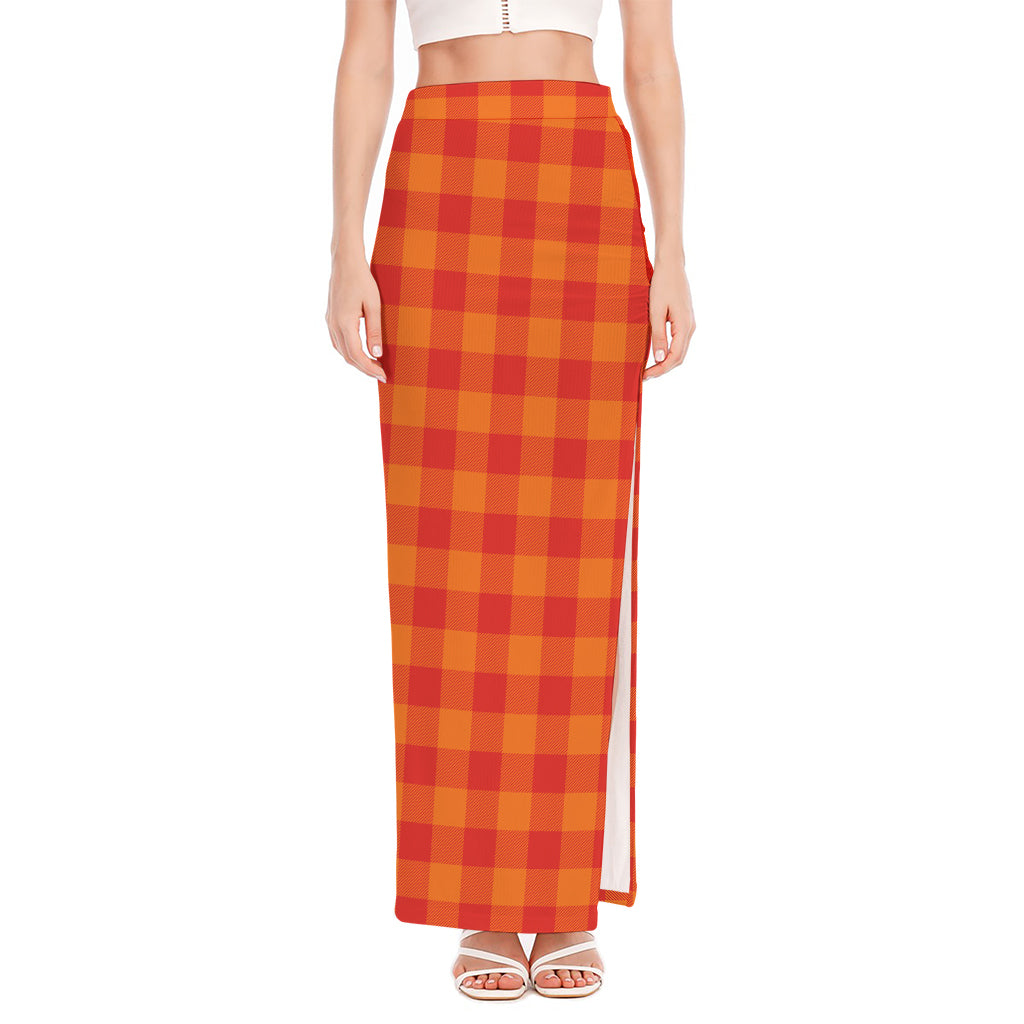 Orange Buffalo Check Pattern Print High Slit Maxi Skirt