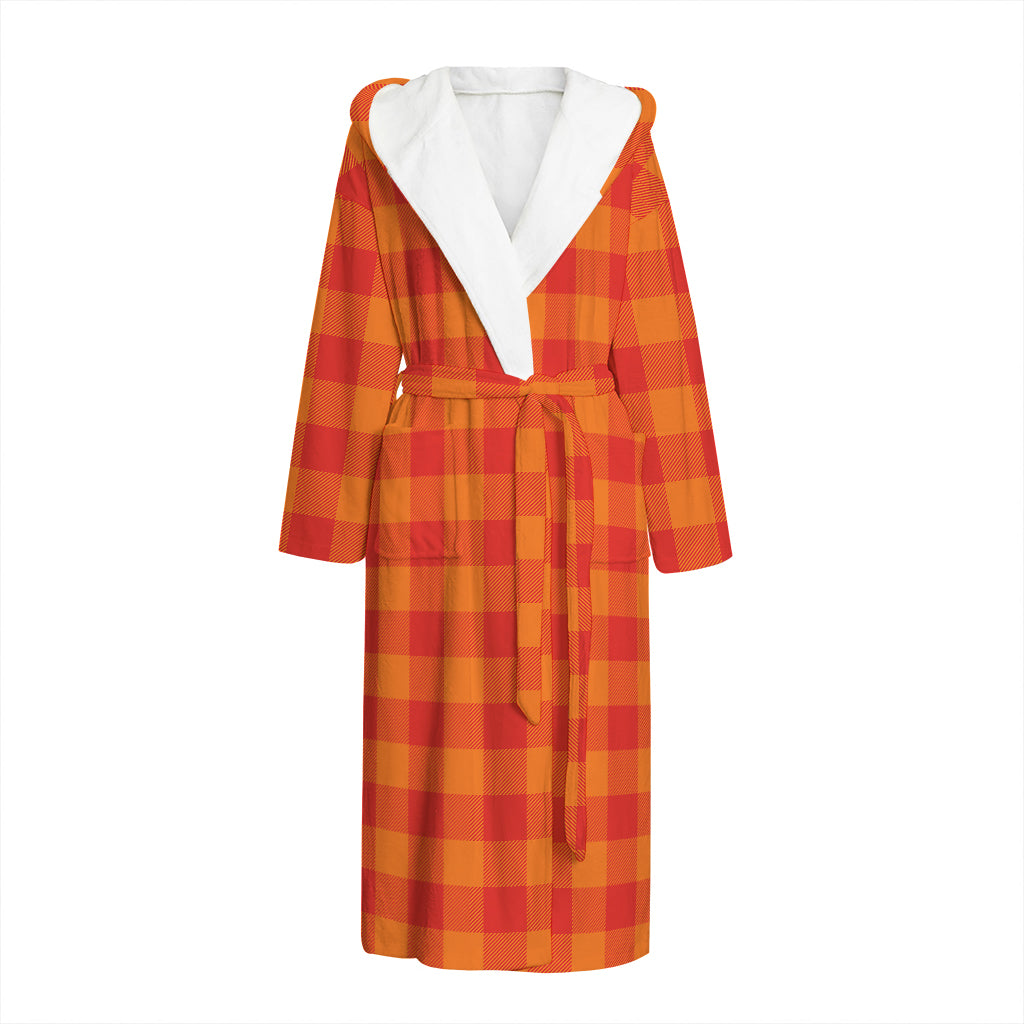 Orange Buffalo Check Pattern Print Hooded Bathrobe