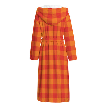 Orange Buffalo Check Pattern Print Hooded Bathrobe