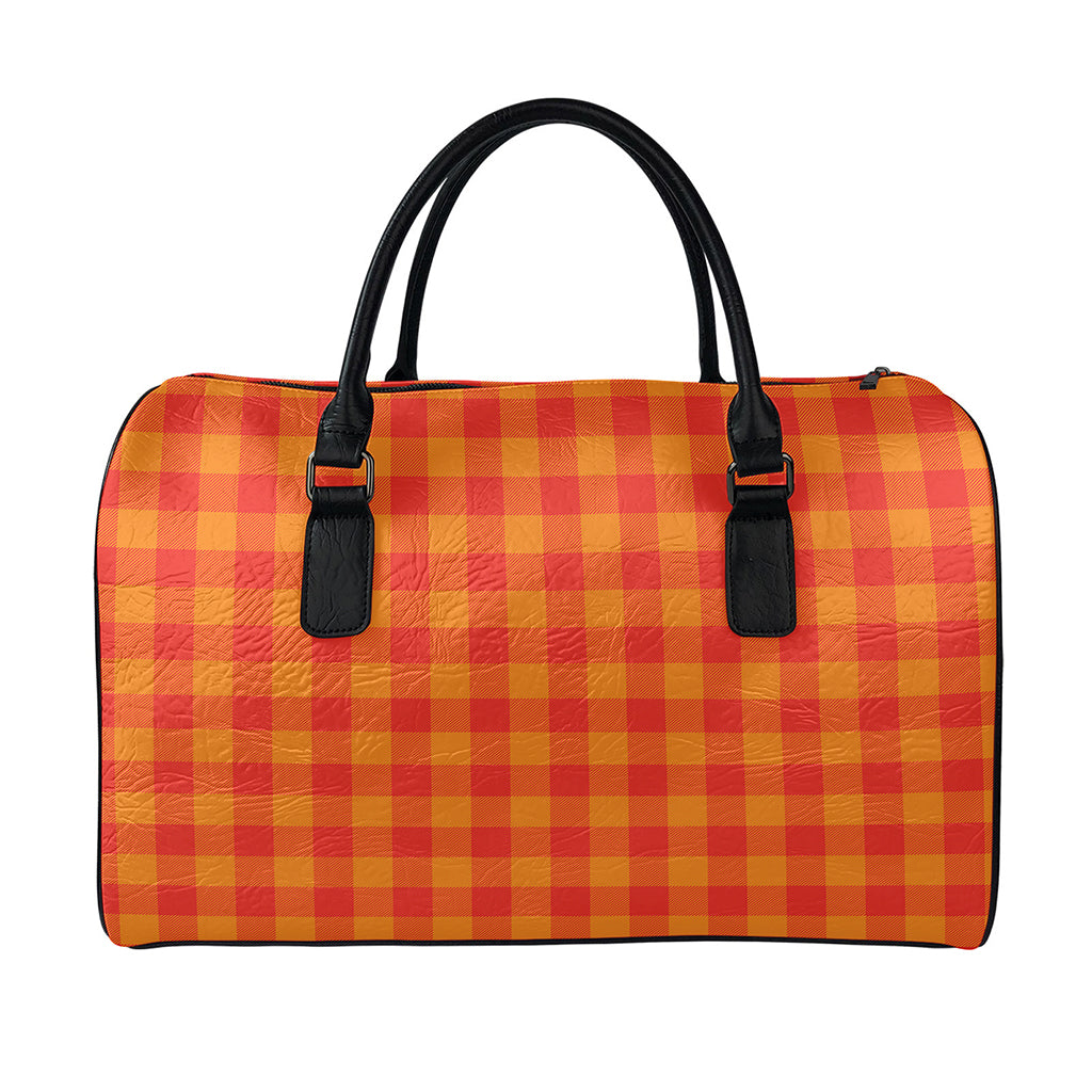 Orange Buffalo Check Pattern Print Leather Duffle Bag