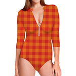 Orange Buffalo Check Pattern Print Long Sleeve Swimsuit