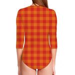 Orange Buffalo Check Pattern Print Long Sleeve Swimsuit