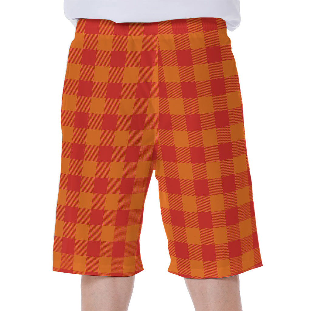 Orange Buffalo Check Pattern Print Men's Beach Shorts