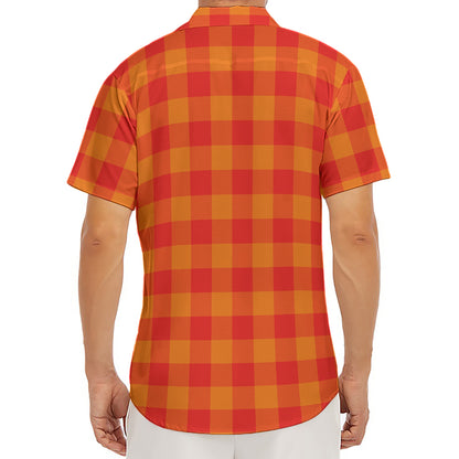 Orange Buffalo Check Pattern Print Men's Deep V-Neck Shirt