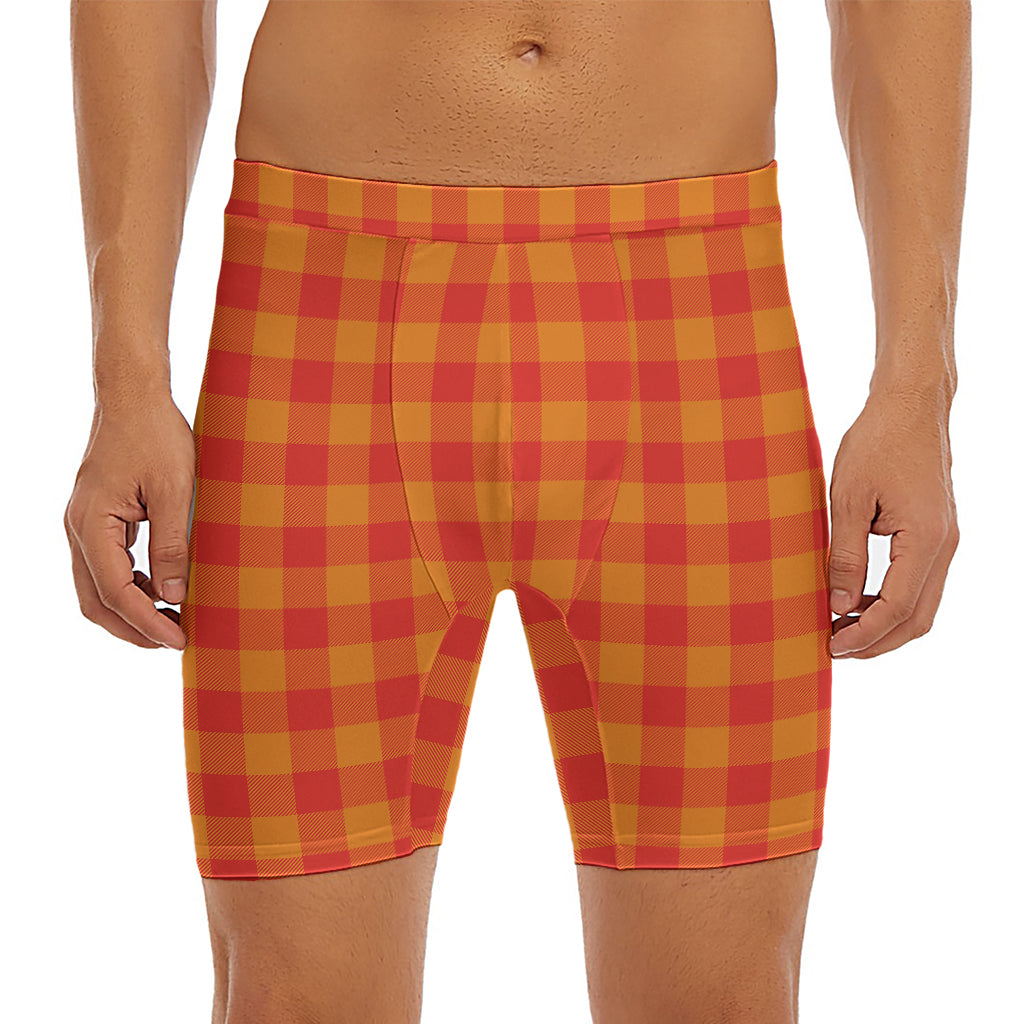 Orange Buffalo Check Pattern Print Men's Long Boxer Briefs