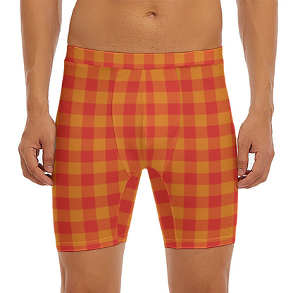 Orange Buffalo Check Pattern Print Men's Long Boxer Briefs